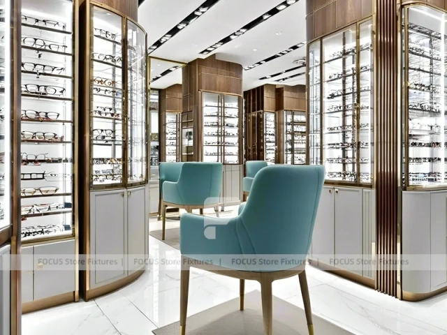 Teal Gold Vision Retail Showcase with Chandelier-Lit Island