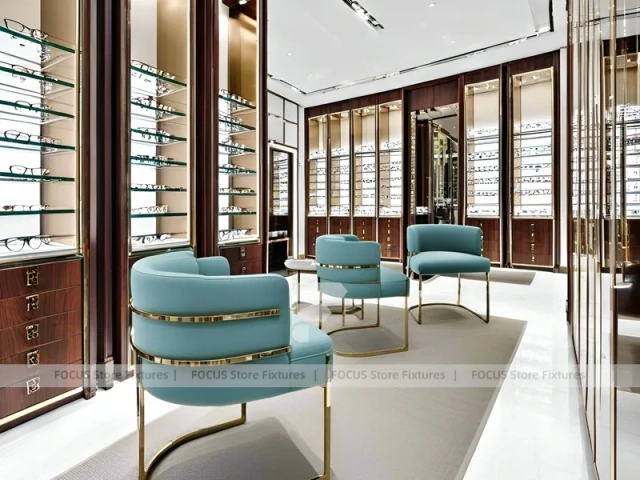 Teal Gold Vision Retail Showcase with Chandelier-Lit Island