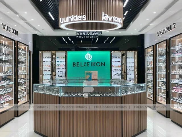 Teal Gold Vision Retail Showcase with Chandelier-Lit Island