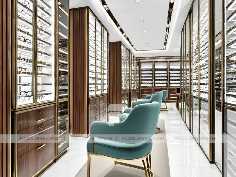 Teal Gold Vision Retail Showcase with Chandelier-Lit Island