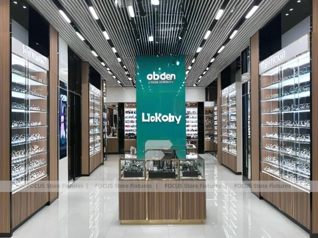 Teal Gold Vision Retail Showcase with Chandelier-Lit Island