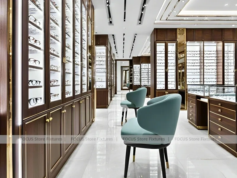 Teal Gold Vision Retail Showcase with Chandelier-Lit Island
