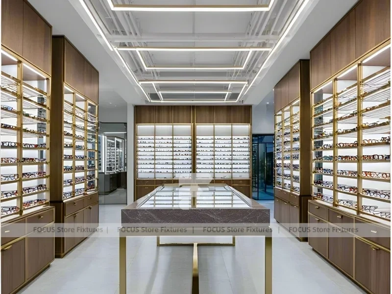 Warm Bronze Vision Retail Passage for Premium Eyewear Boutique