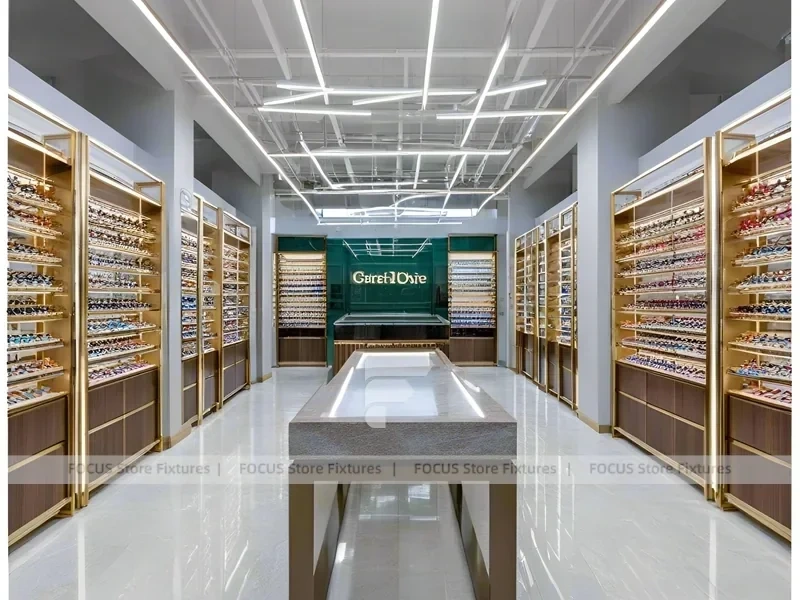 Warm Bronze Vision Retail Passage for Premium Eyewear Boutique