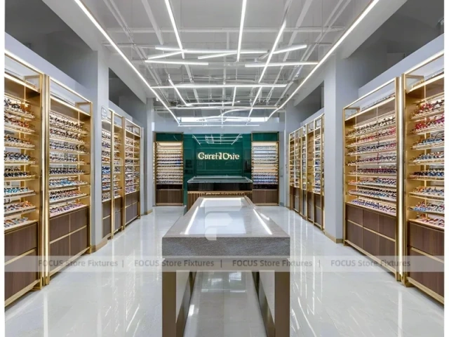 Warm Bronze Vision Retail Passage for Premium Eyewear Boutique