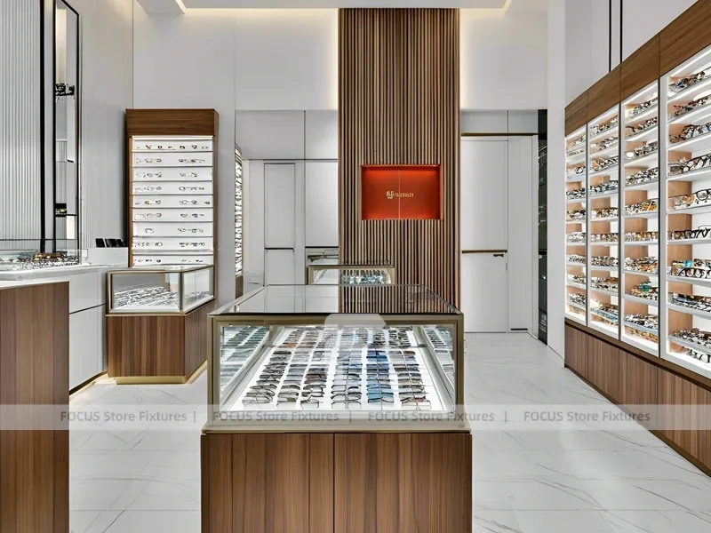 Wood and Emerald Eyewear Frame Gallery with Suspended Display Frames