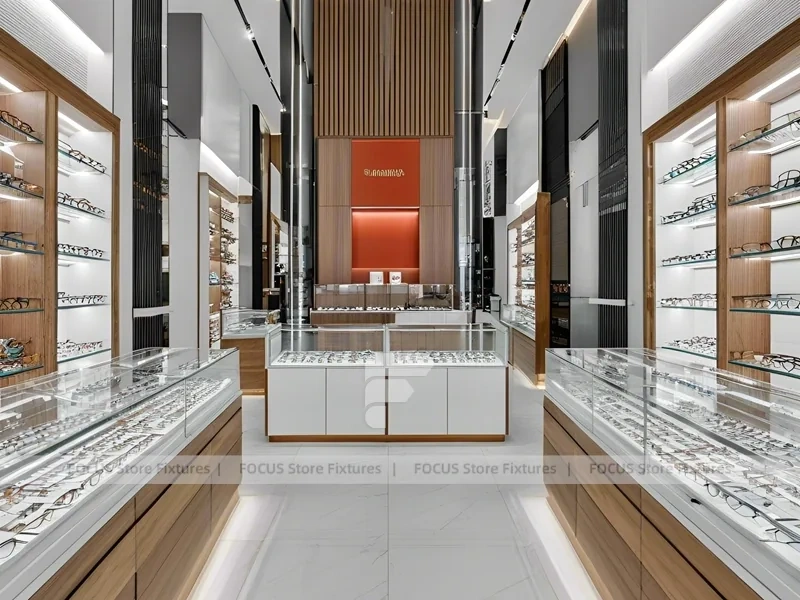 Wood and Emerald Eyewear Frame Gallery with Suspended Display Frames