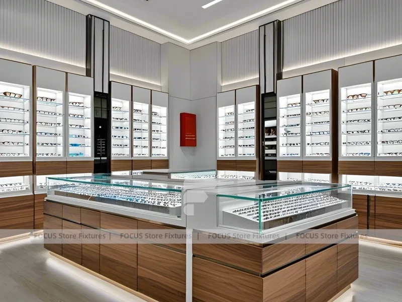 Wood and Emerald Eyewear Frame Gallery with Suspended Display Frames