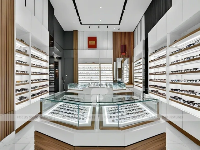 Wood and Emerald Eyewear Frame Gallery with Suspended Display Frames