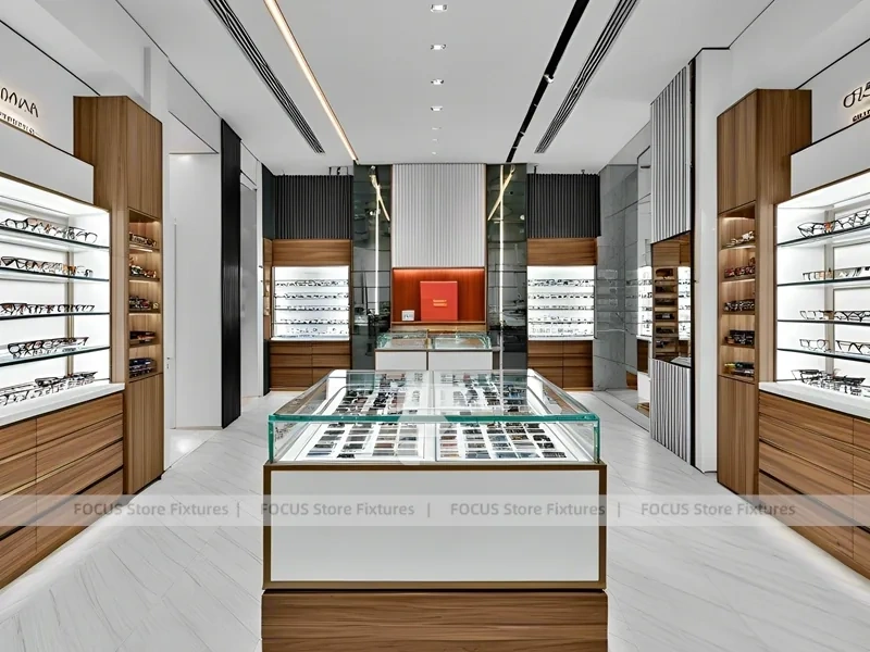 Wood and Emerald Eyewear Frame Gallery with Suspended Display Frames
