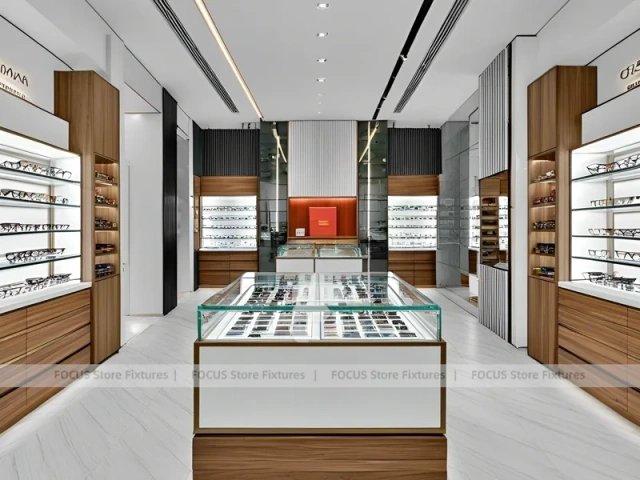 Wood and Emerald Eyewear Frame Gallery with Suspended Display Frames