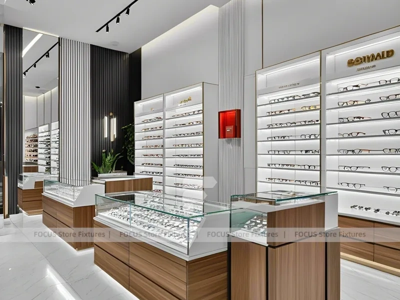 Wood and Emerald Eyewear Frame Gallery with Suspended Display Frames