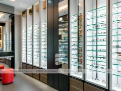 Wood and Emerald Vision Boutique Corridor with Suspended Display Frames