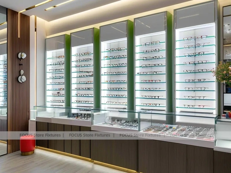Wood and Emerald Vision Boutique Corridor with Suspended Display Frames