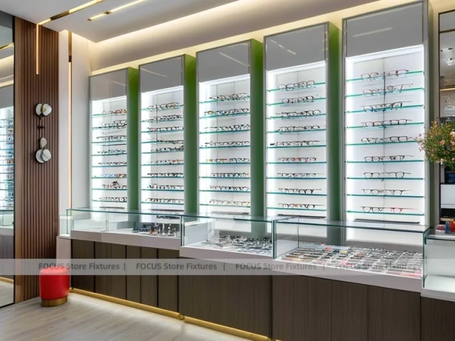 Wood and Emerald Vision Boutique Corridor with Suspended Display Frames