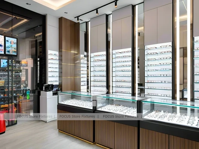 Wood and Emerald Vision Boutique Corridor with Suspended Display Frames