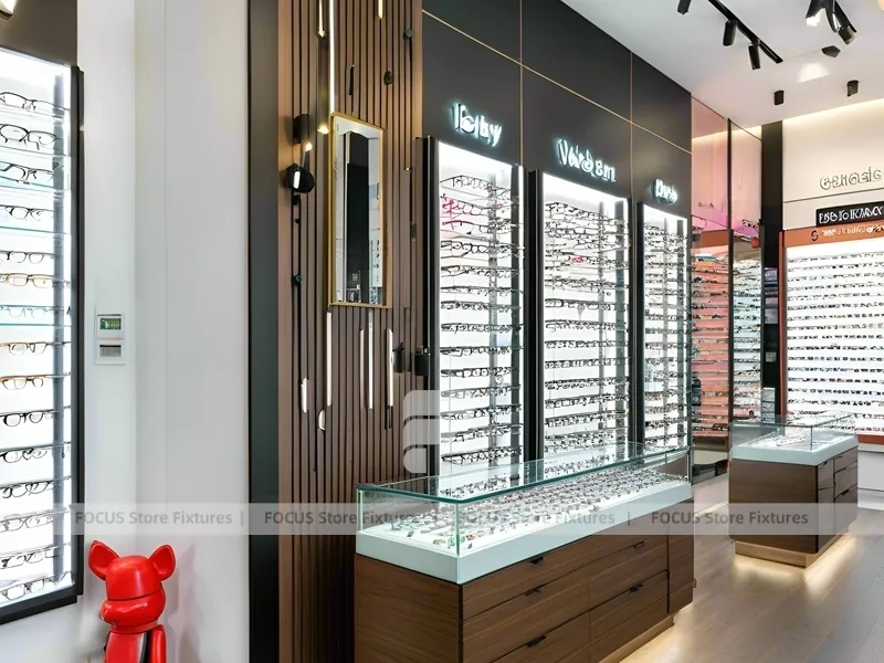 Wood and Emerald Vision Boutique Corridor with Suspended Display Frames