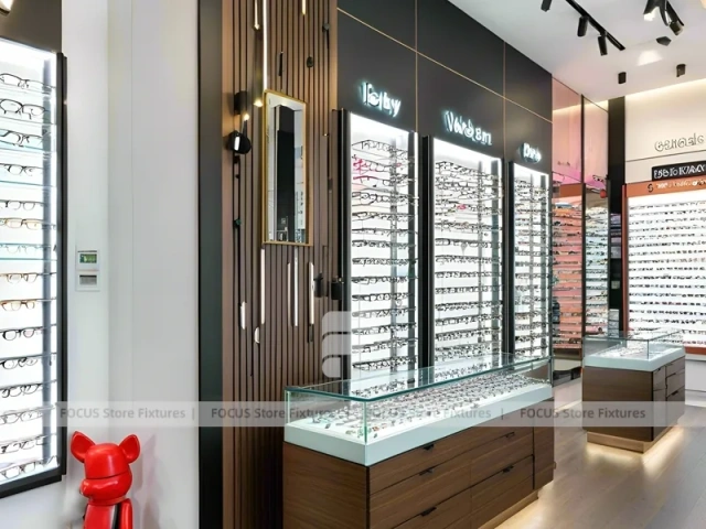 Wood and Emerald Vision Boutique Corridor with Suspended Display Frames