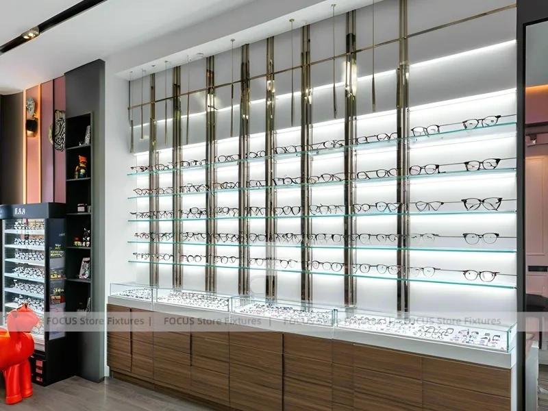 Wood and Emerald Vision Boutique Corridor with Suspended Display Frames