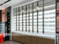 Wood and Emerald Vision Boutique Corridor with Suspended Display Frames