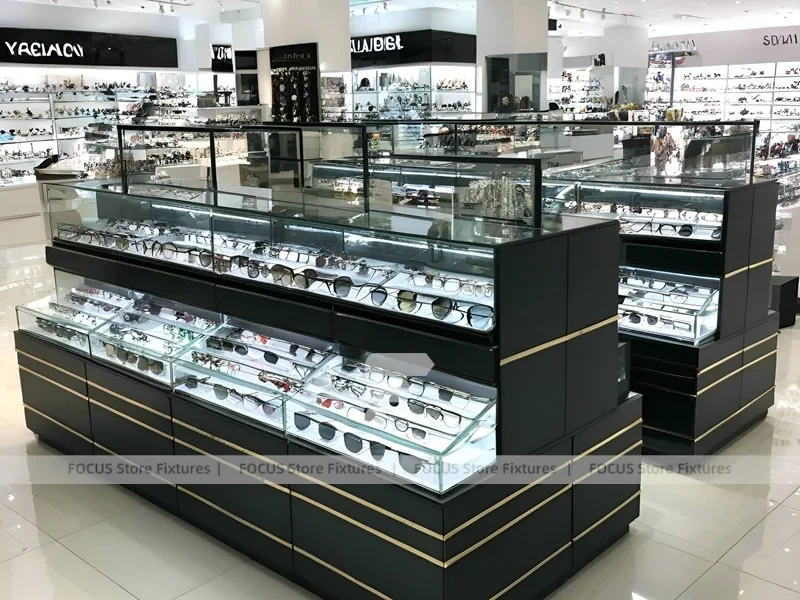Wood and White Eyewear Retail Layout with White Wood Showcase Islands