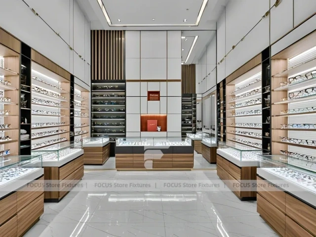 Wood and White Vision Display Suite with White Wood Showcase Islands