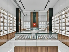 Wood and White Vision Display Suite with White Wood Showcase Islands