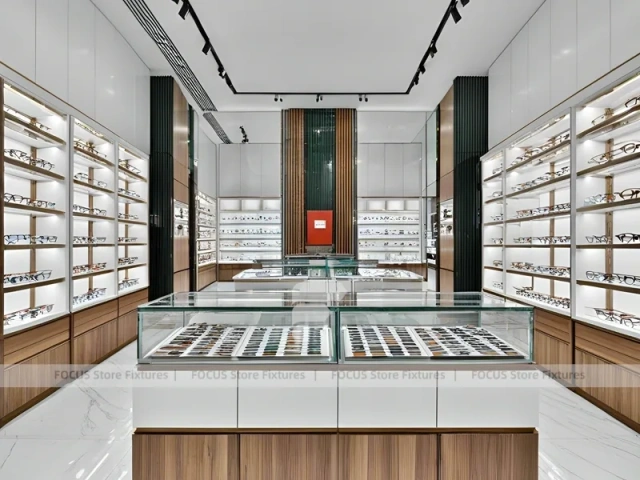 Wood and White Vision Display Suite with White Wood Showcase Islands
