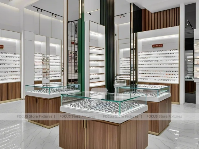 Wood and White Vision Display Suite with White Wood Showcase Islands