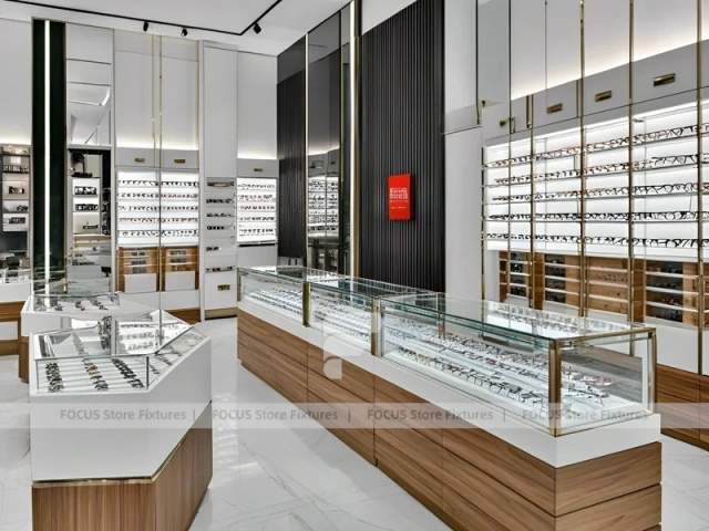 Wood and White Vision Display Suite with White Wood Showcase Islands