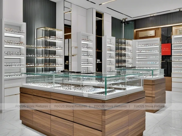 Wood and White Vision Display Suite with White Wood Showcase Islands