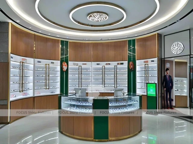 Woodgrain Optical Boutique Display with Circular Center Showcase