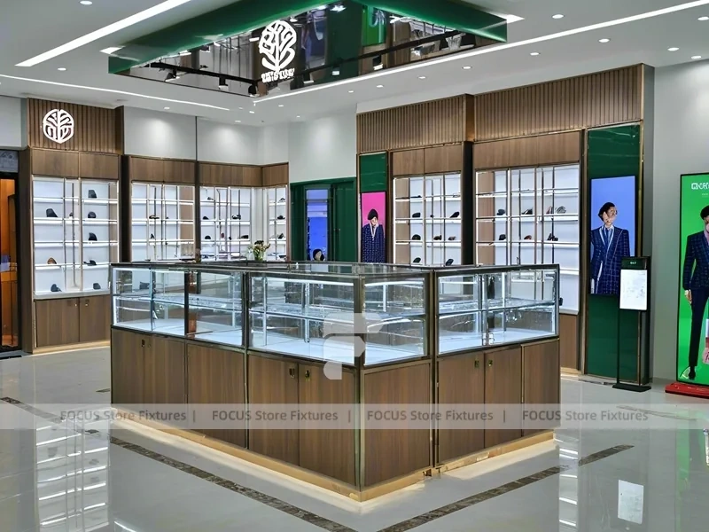 Woodgrain Optical Boutique Display with Circular Center Showcase