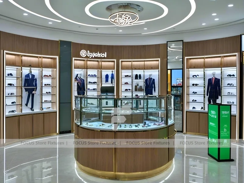Woodgrain Optical Boutique Display with Circular Center Showcase