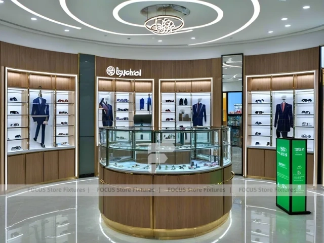 Woodgrain Optical Boutique Display with Circular Center Showcase