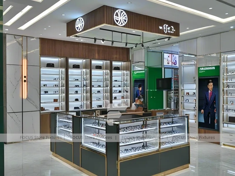 Woodgrain Optical Boutique Display with Circular Center Showcase
