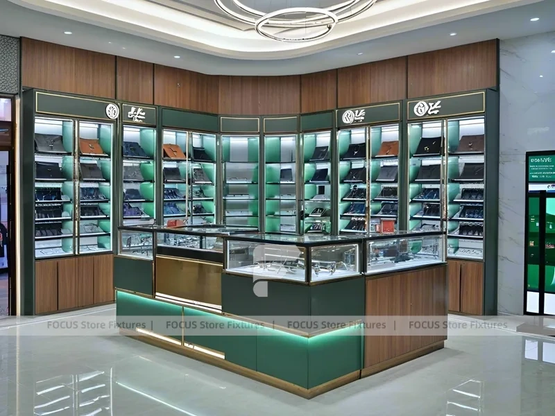 Woodgrain Optical Boutique Display with Circular Center Showcase