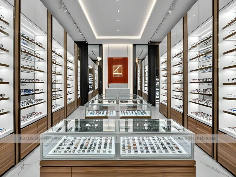 Woodgrain Optical Display Corridor with Red Accent Portal