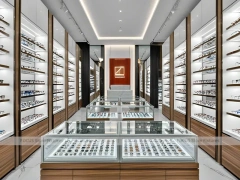 Woodgrain Optical Display Corridor with Red Accent Portal