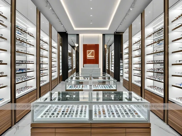 Woodgrain Optical Display Corridor with Red Accent Portal