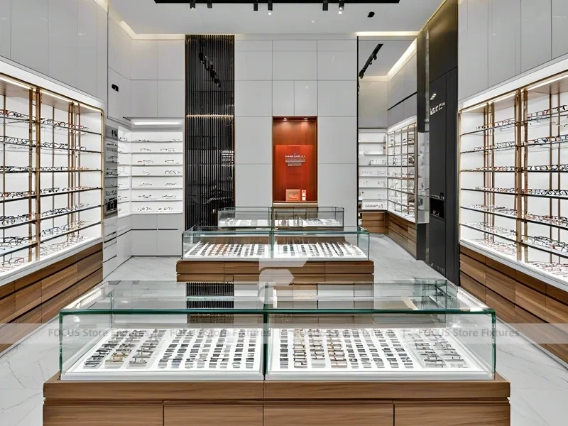 Woodgrain Optical Display Corridor with Red Accent Portal