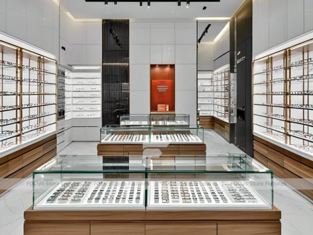 Woodgrain Optical Display Corridor with Red Accent Portal