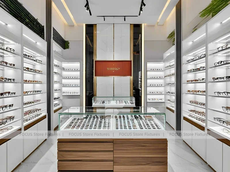 Woodgrain Optical Display Corridor with Red Accent Portal