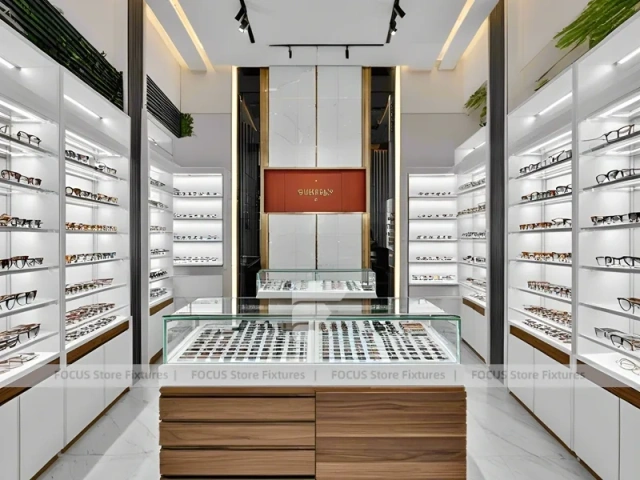Woodgrain Optical Display Corridor with Red Accent Portal