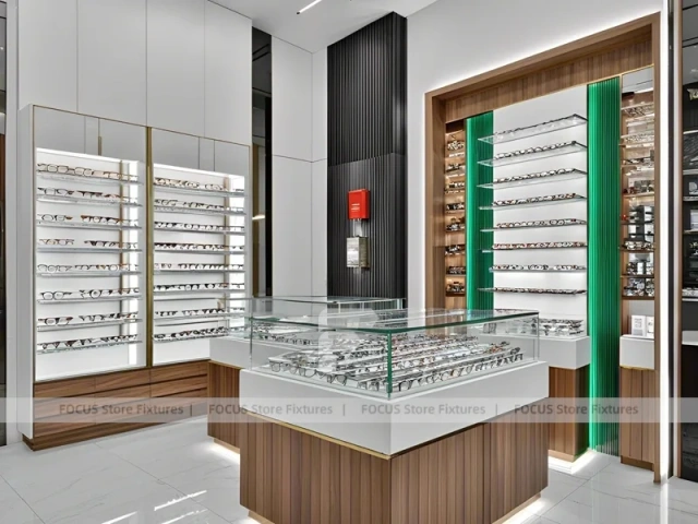 Woodgrain Optical Display Corridor with Red Accent Portal