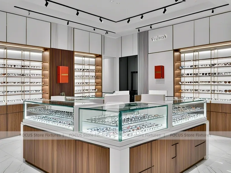 Woodgrain Optical Display Corridor with Red Accent Portal