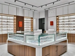 Woodgrain Optical Display Corridor with Red Accent Portal