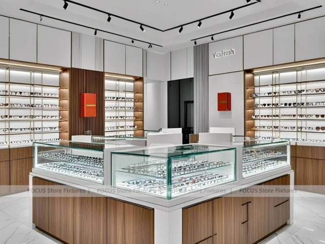 Woodgrain Optical Display Corridor with Red Accent Portal