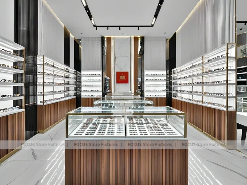Woodgrain Optical Display Corridor with Red Accent Portal