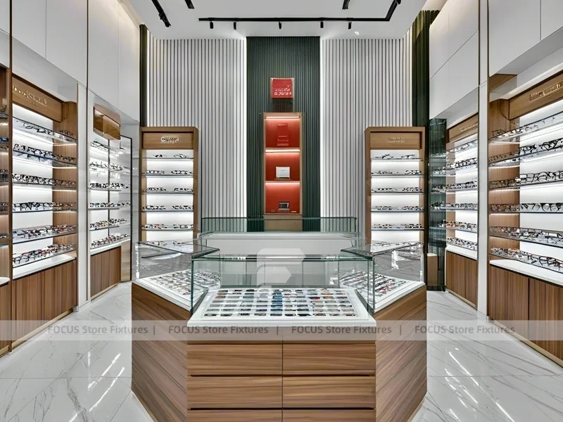 Woodgrain Optical Modular Interior with Tall Perimeter Wall Bays